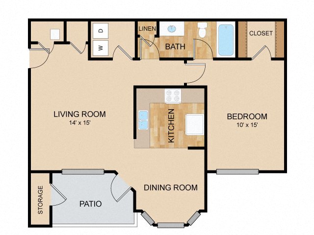 Floor plan for 1 bed, 1 bath, 884 sqft